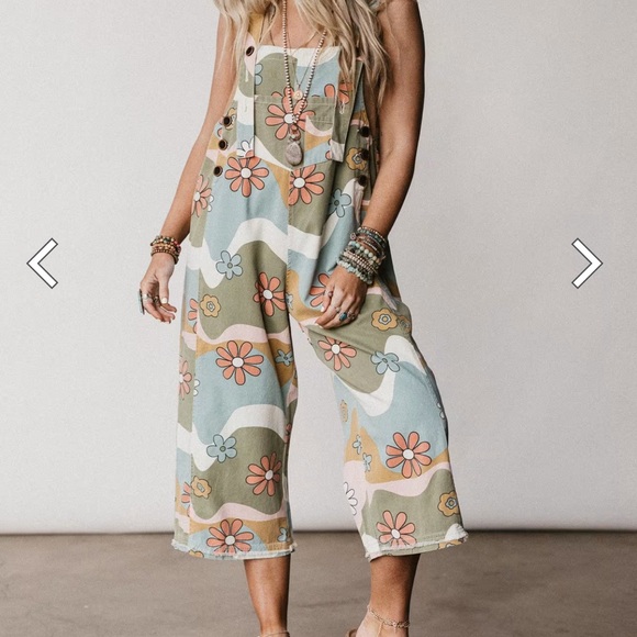 Three Bird Nest Pants - Three Bird Nest, Floral High Hopes Denim slouchy Overalls Jump S New Green